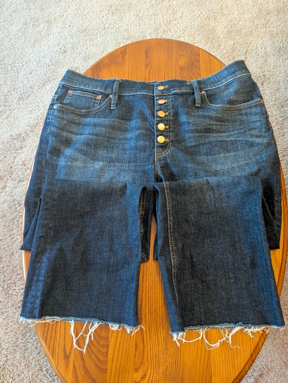 J. Crew 9" Demi Boot Crop Dark Blue Denim Jeans, Distressed Hem - Size 34